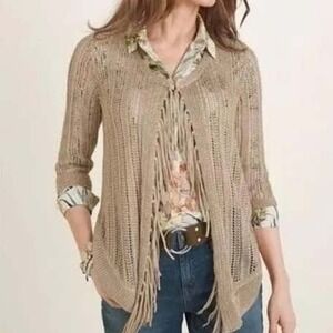 Chico's Fringe Open Knit Cardigan Women XL Tan/Taupe Western Boho coastal festiv